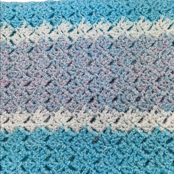 Handcrafted Crochet Soft Blanket Throw Baby Fringe Pink Blue Aqua Cream Cottage - Picture 3 of 6